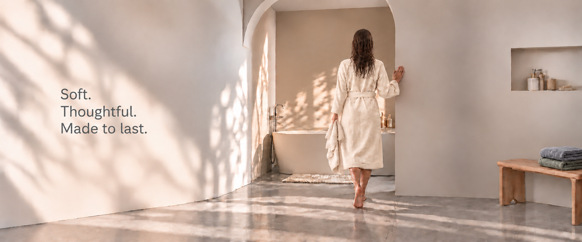 A woman in a cream bathrobe with damp brunette hair, holding a towel at her side as she walks toward an arched bathroom, beside a wooden bench with grey and sage towels.